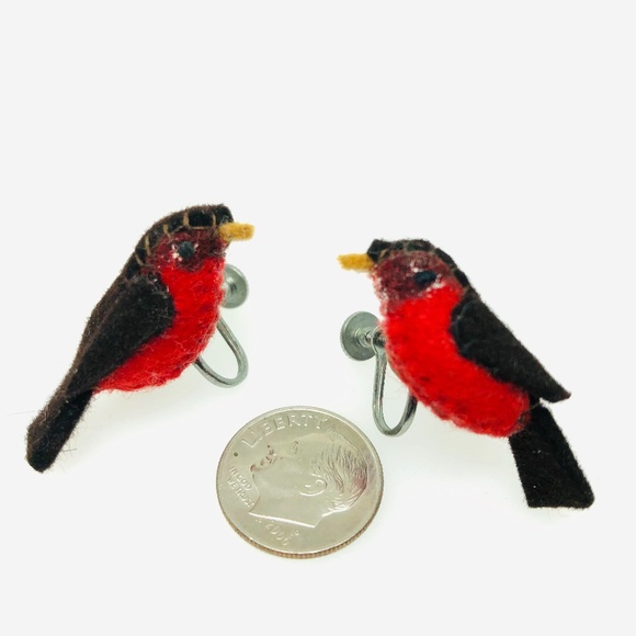 Vintage 3D Red Bird Handcrafted Fabric Earrings - Picture 7 of 8